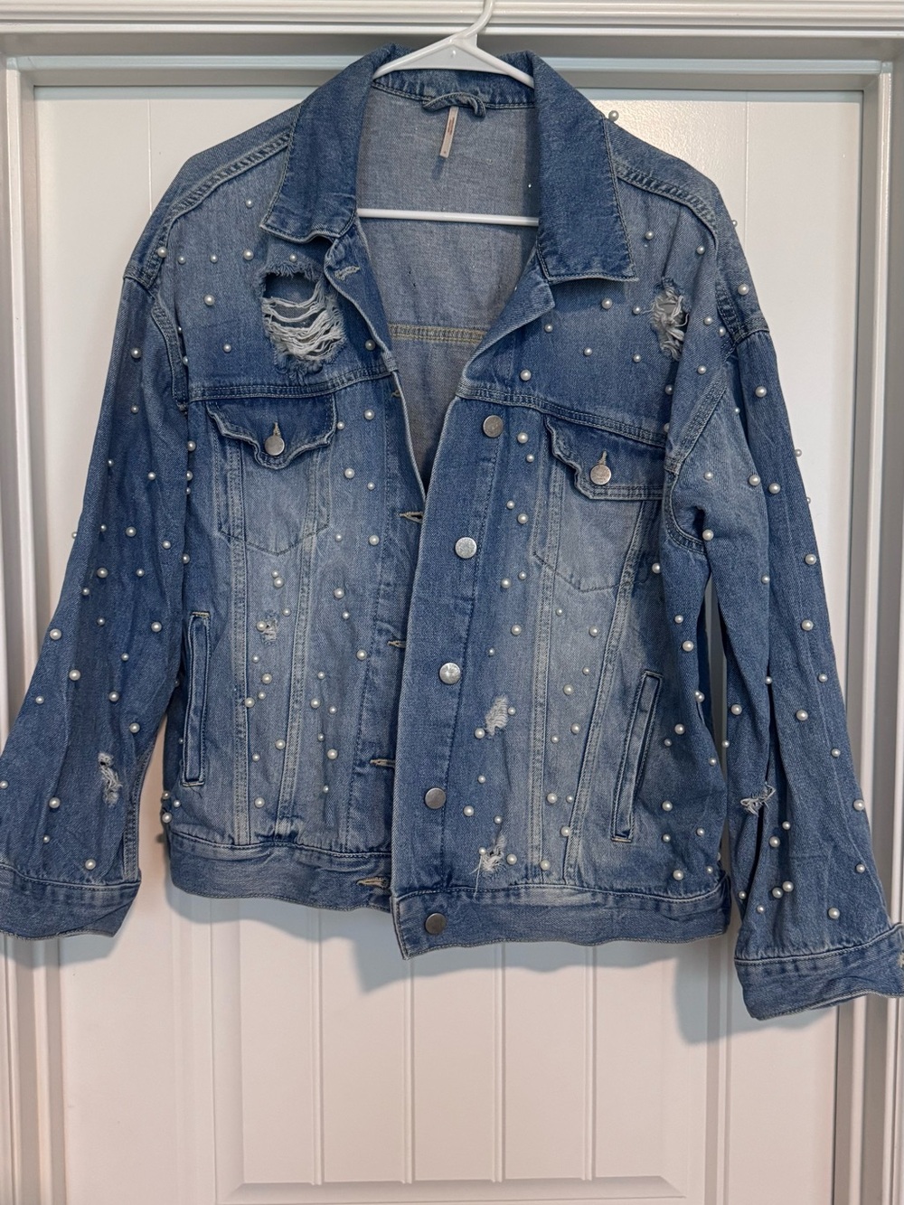 Free People Pearl-Embellished Distressed Blue Denim Jacket